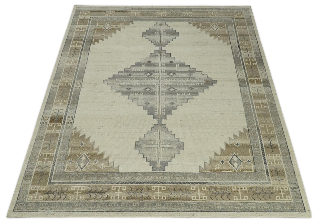 Custom Made Earthy Hand Knotted Ivory, Charcoal and Beige Wool Area Rug - The Rug Decor