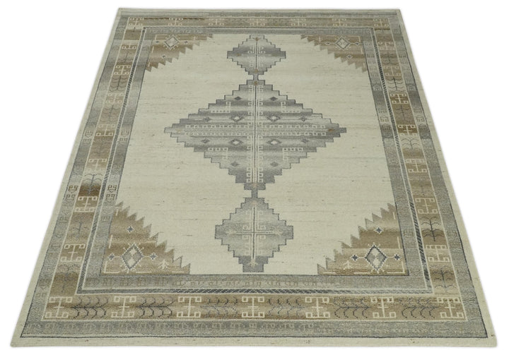 Custom Made Earthy Hand Knotted Ivory, Charcoal and Beige Wool Area Rug - The Rug Decor