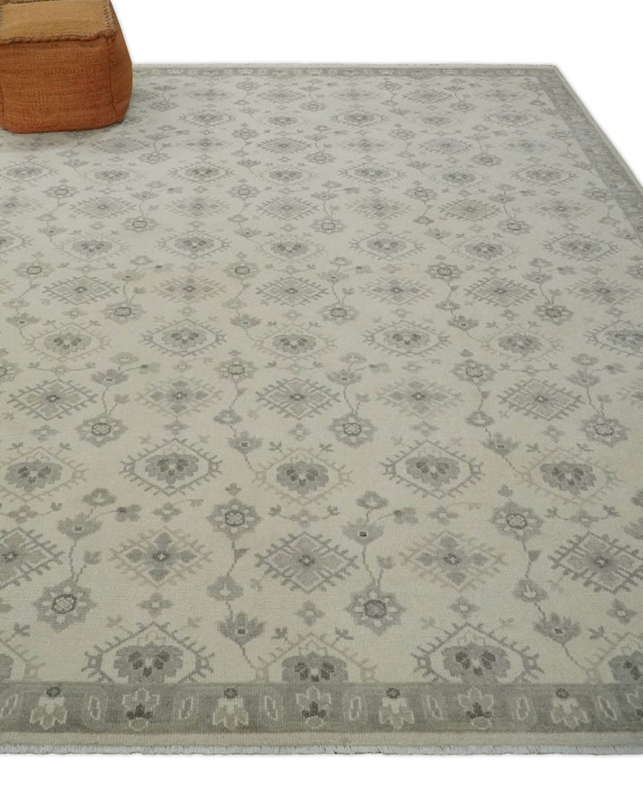 Custom Made Fine Hand Knotted Ivory and Charcoal Style Hand knotted Wool Area Rug - The Rug Decor