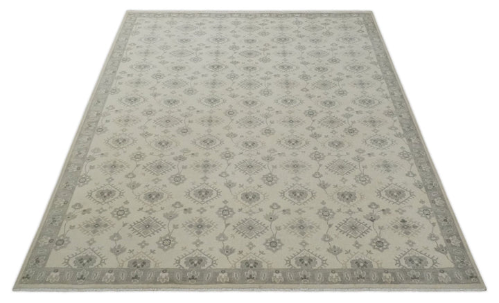 Custom Made Fine Hand Knotted Ivory and Charcoal Style Hand knotted Wool Area Rug - The Rug Decor