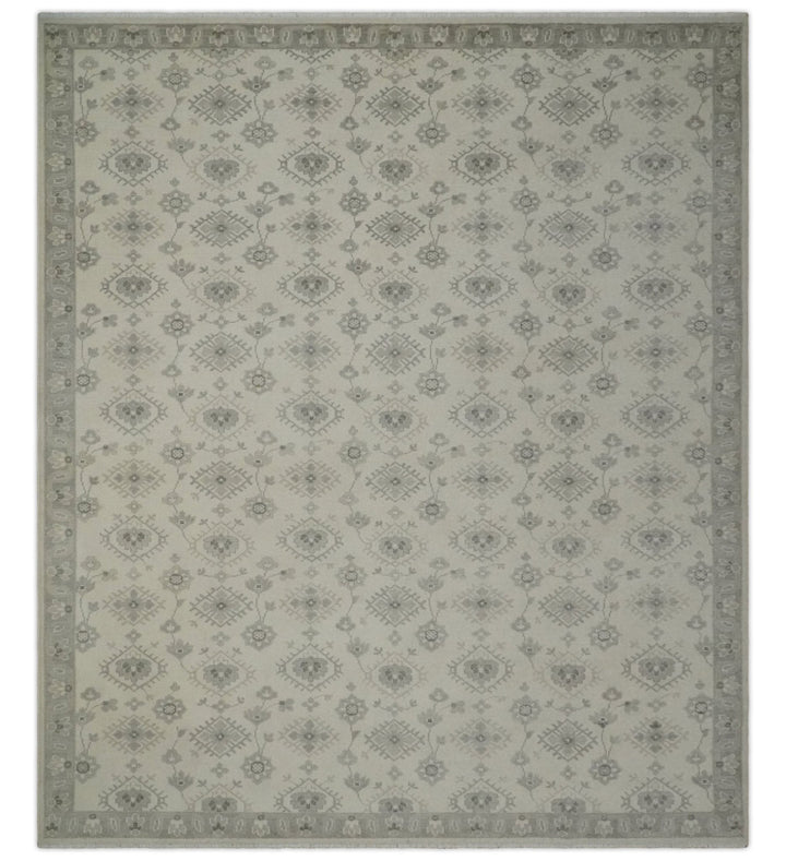 Custom Made Fine Hand Knotted Ivory and Charcoal Style Hand knotted Wool Area Rug - The Rug Decor