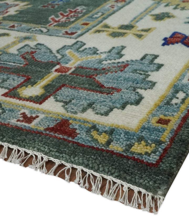 Custom Made Green and Ivory Colorful Hand knotted Traditional Oushak wool Area Rug - The Rug Decor