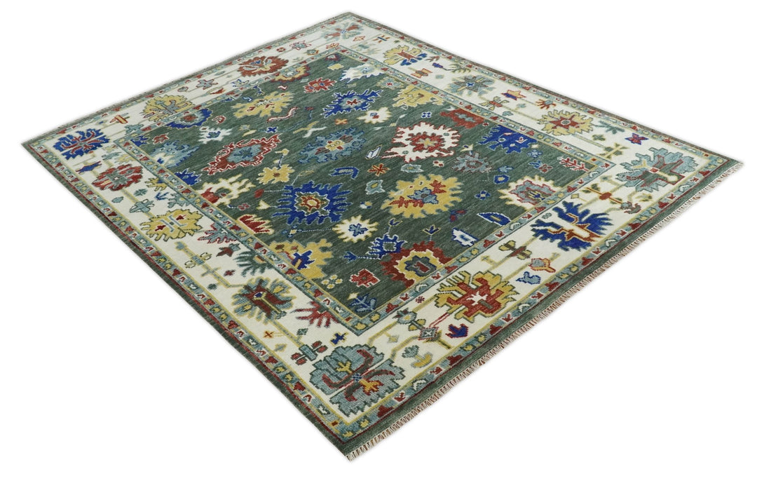 Custom Made Green and Ivory Colorful Hand knotted Traditional Oushak wool Area Rug - The Rug Decor