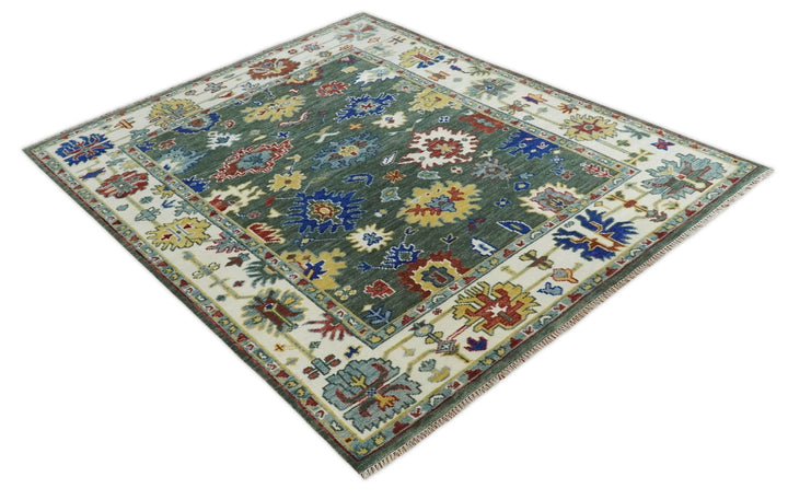 Custom Made Green and Ivory Colorful Hand knotted Traditional Oushak wool Area Rug - The Rug Decor