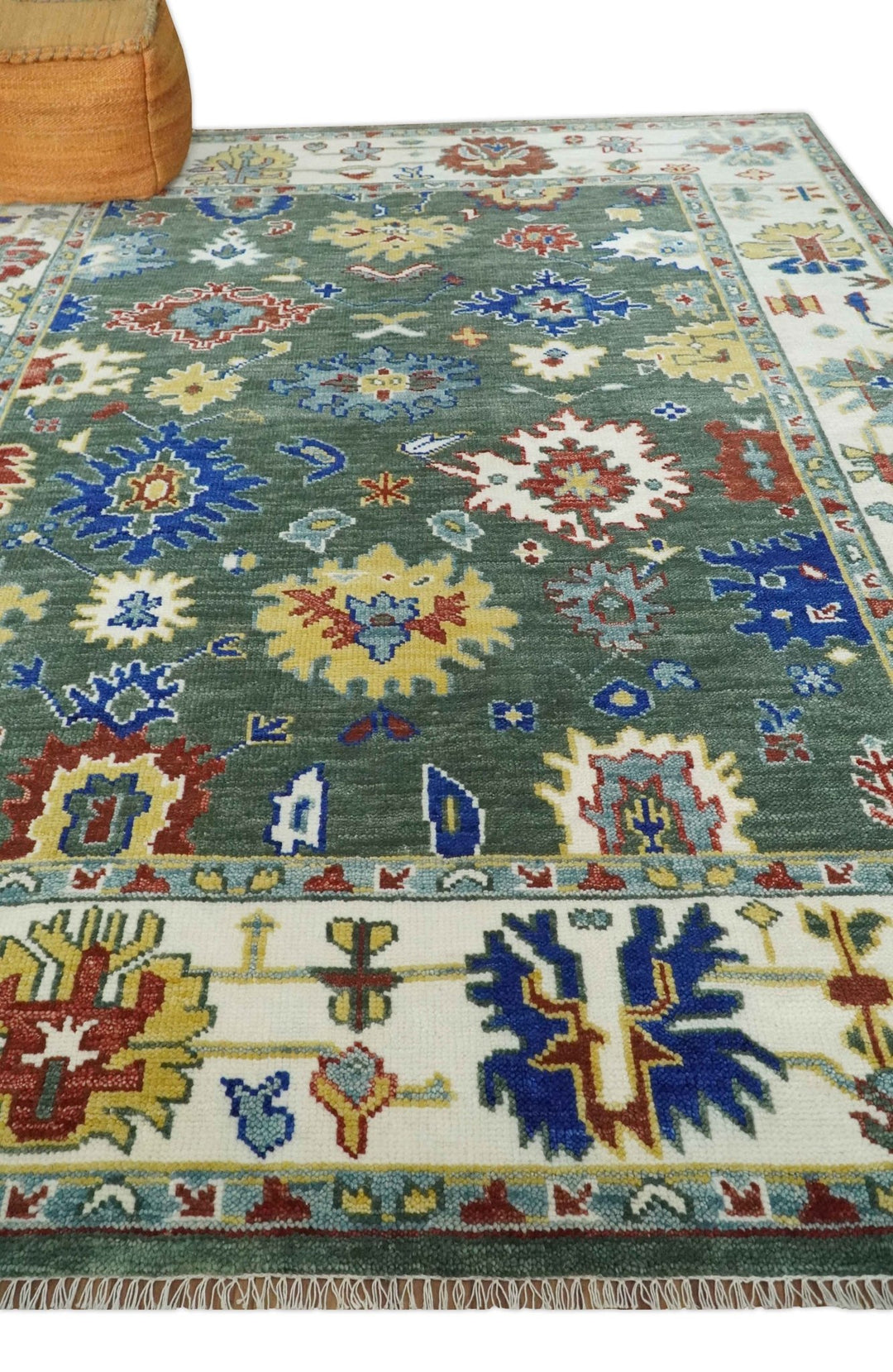 Custom Made Green and Ivory Colorful Hand knotted Traditional Oushak wool Area Rug - The Rug Decor