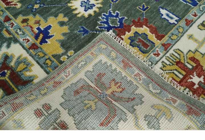 Custom Made Green and Ivory Colorful Hand knotted Traditional Oushak wool Area Rug - The Rug Decor