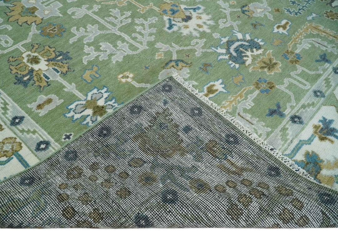 Custom Made Green, Ivory and Silver Traditional Turkish Hand Knotted Wool Rug - The Rug Decor