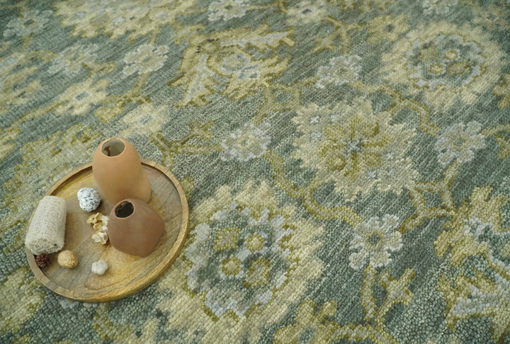 Custom Made Green, Silver and Olive Hand knotted Traditional Oushak Wool Area Rug - The Rug Decor