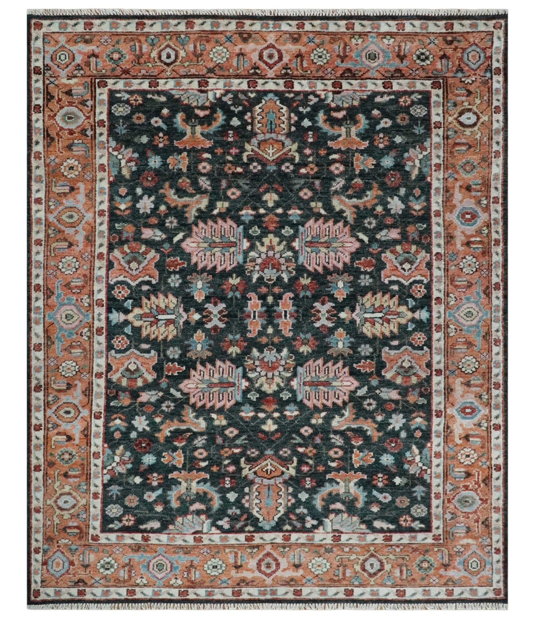 Hand Knotted Black and Rust Traditional Oushak Wool Rug