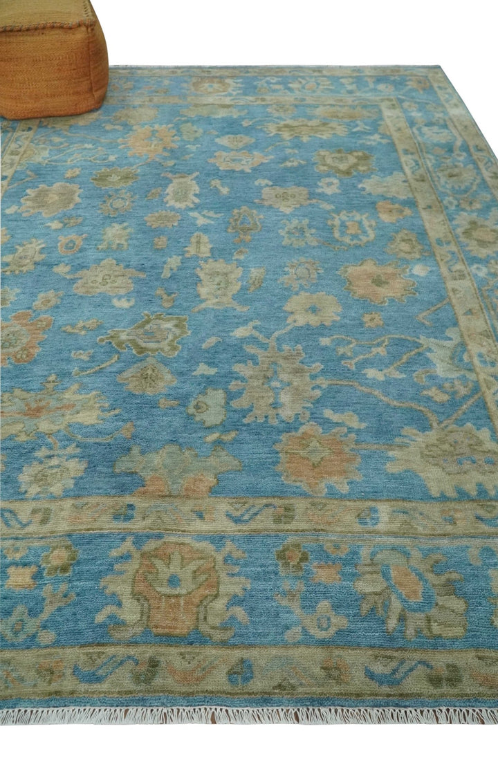 Custom Made Hand knotted Blue and Beige Traditional Oushak Wool Area Rug - The Rug Decor