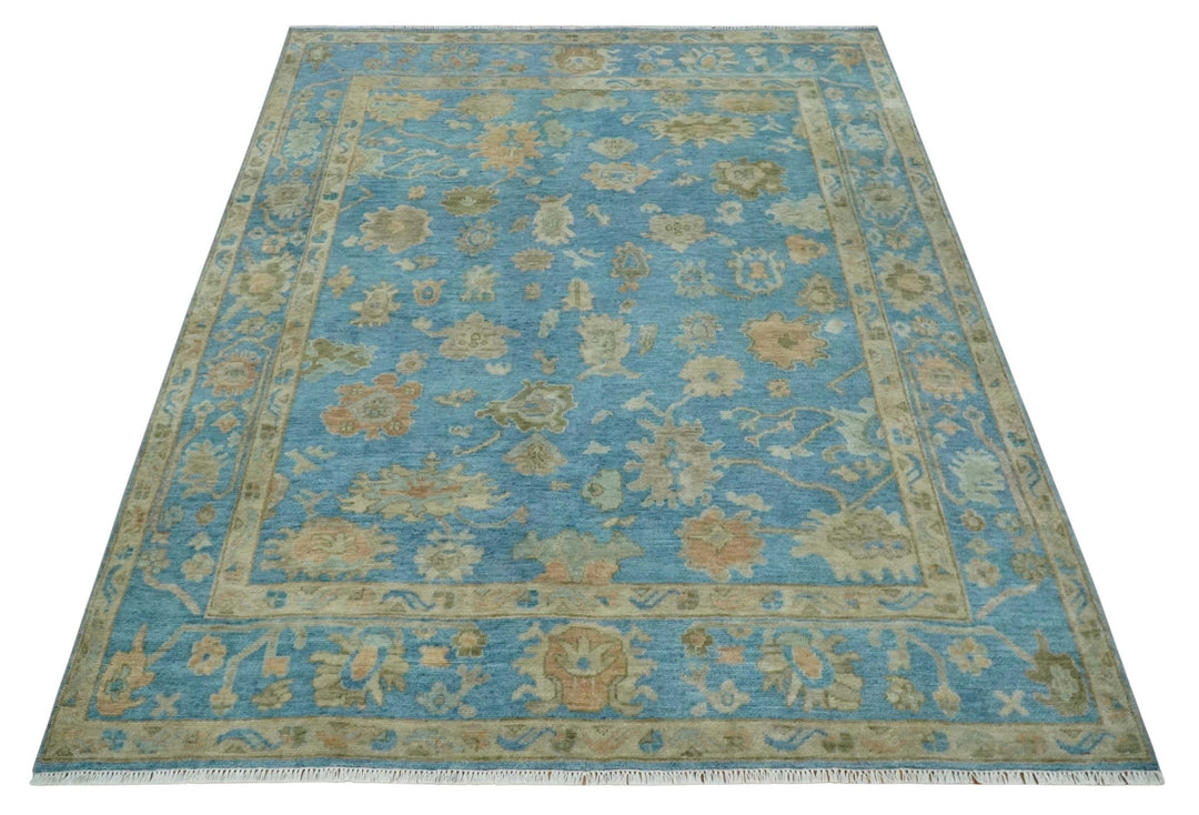 Custom Made Hand knotted Blue and Beige Traditional Oushak Wool Area Rug - The Rug Decor