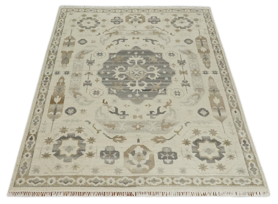 Custom Made Hand Knotted Ivory and Charcoal Medallion Pattern Wool Area Rug - The Rug Decor
