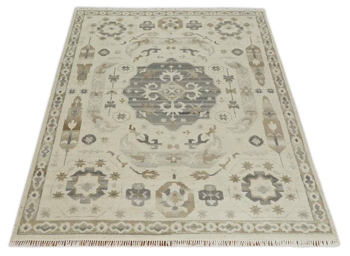 Custom Made Hand Knotted Ivory and Charcoal Medallion Pattern Wool Area Rug - The Rug Decor
