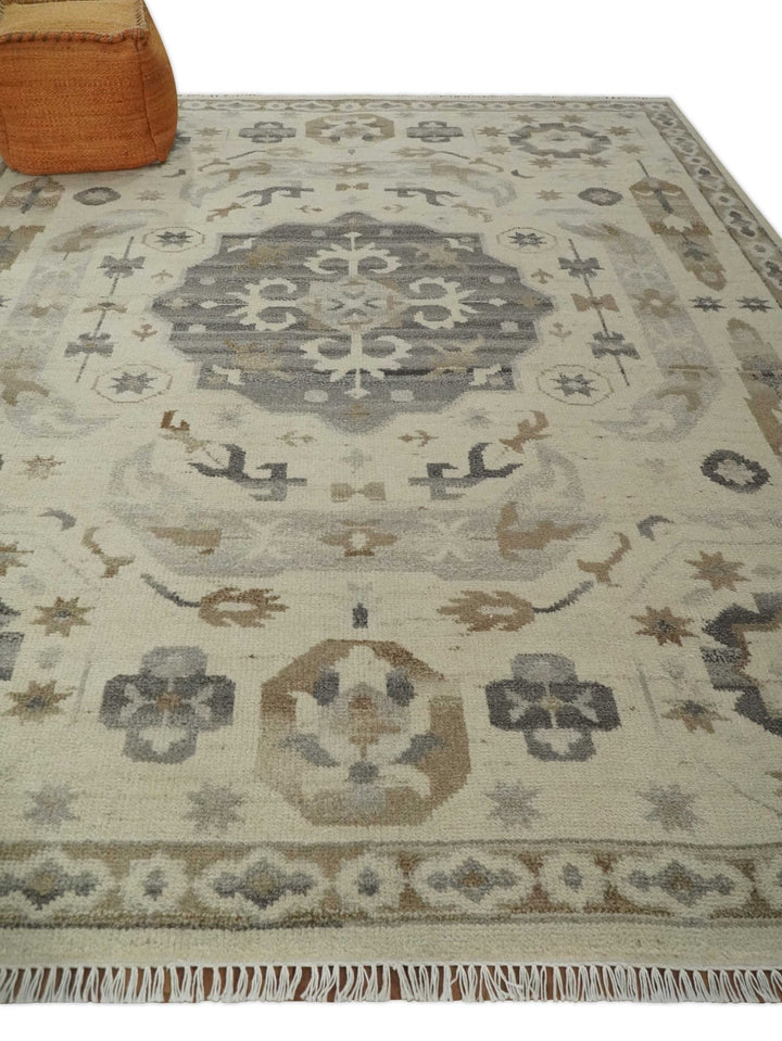 Custom Made Hand Knotted Ivory and Charcoal Medallion Pattern Wool Area Rug - The Rug Decor