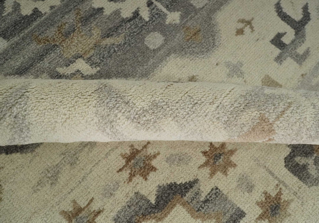 Custom Made Hand Knotted Ivory and Charcoal Medallion Pattern Wool Area Rug - The Rug Decor
