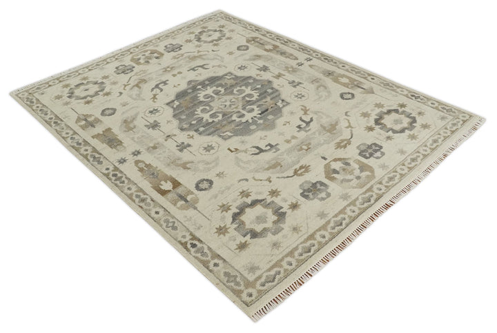 Custom Made Hand Knotted Ivory and Charcoal Medallion Pattern Wool Area Rug - The Rug Decor