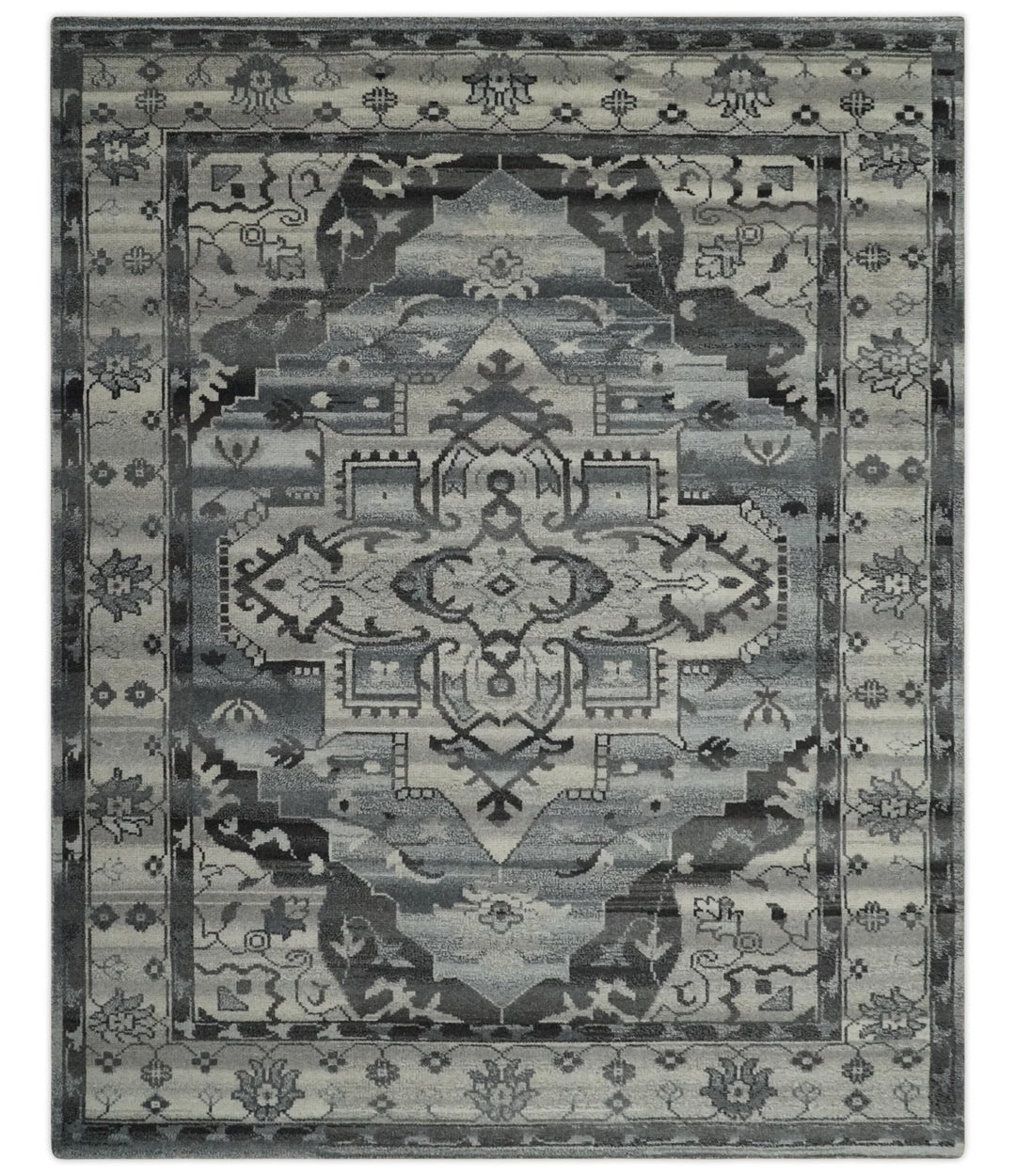 Custom Made Hand Knotted Ivory and Charcoal Traditional Wool Area Rug - The Rug Decor