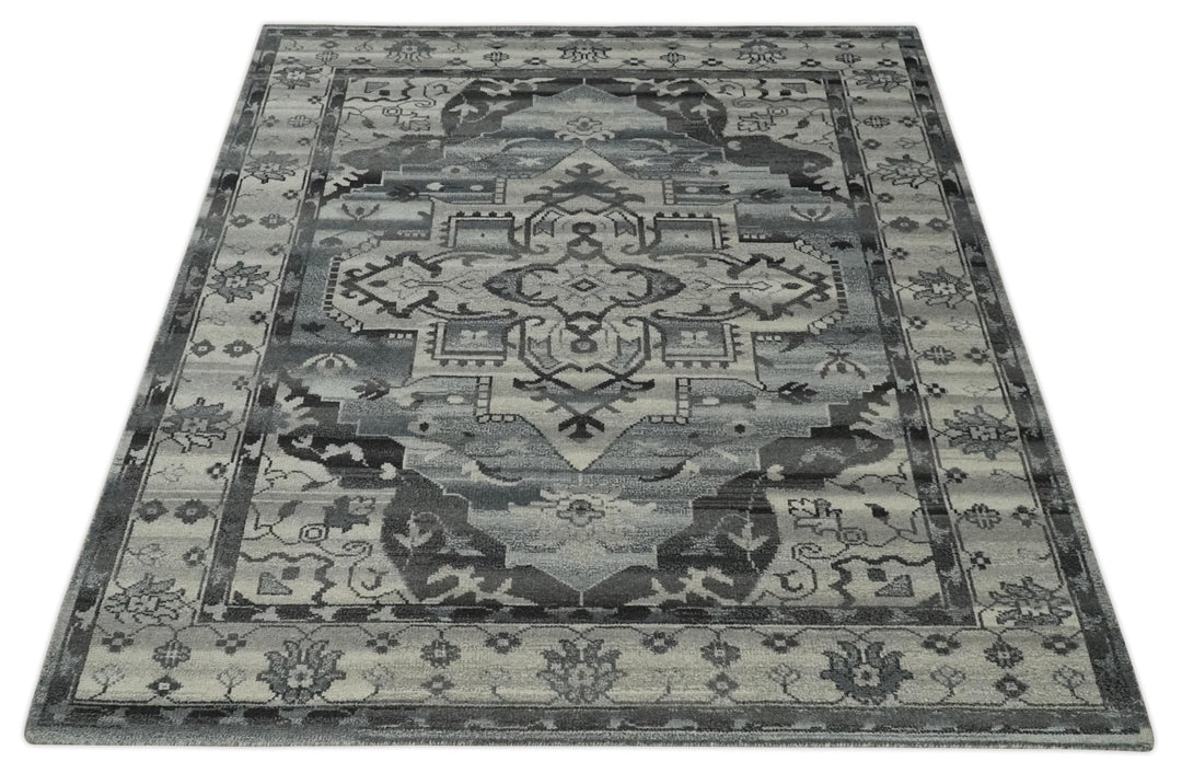 Custom Made Hand Knotted Ivory and Charcoal Traditional Wool Area Rug - The Rug Decor