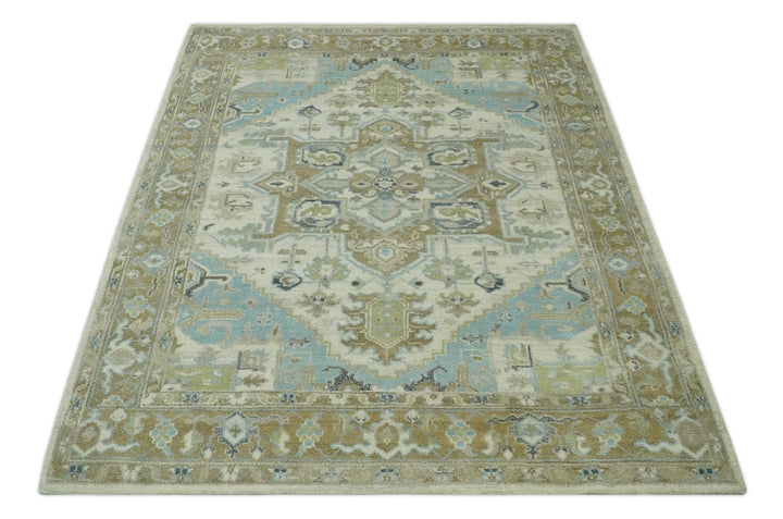 Custom Made Hand Knotted Ivory, Olive and Light Blue Traditional Wool Area Rug - The Rug Decor