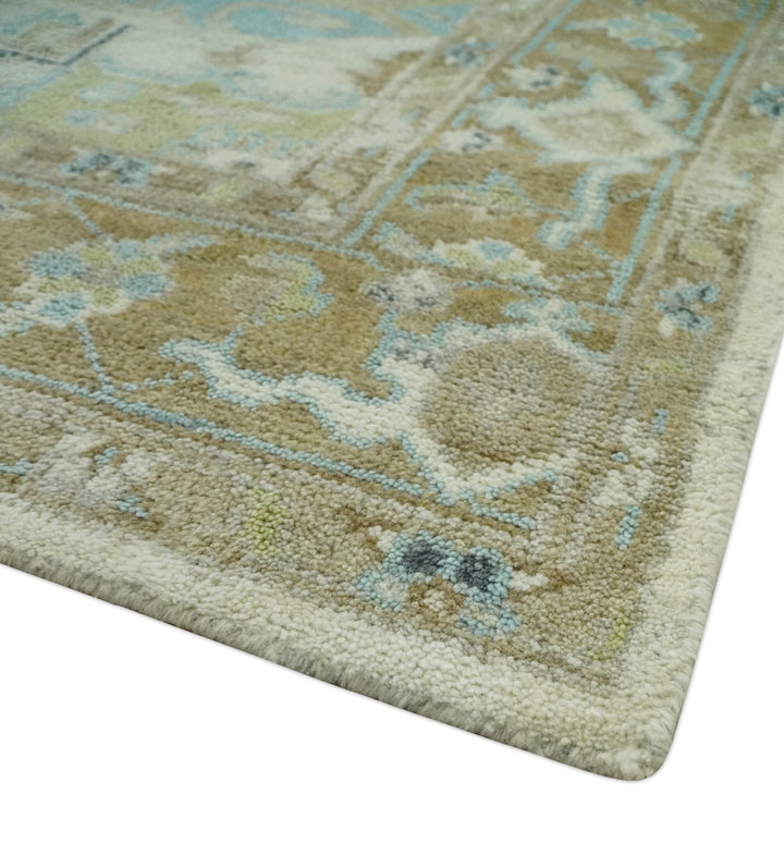 Custom Made Hand Knotted Ivory, Olive and Light Blue Traditional Wool Area Rug - The Rug Decor
