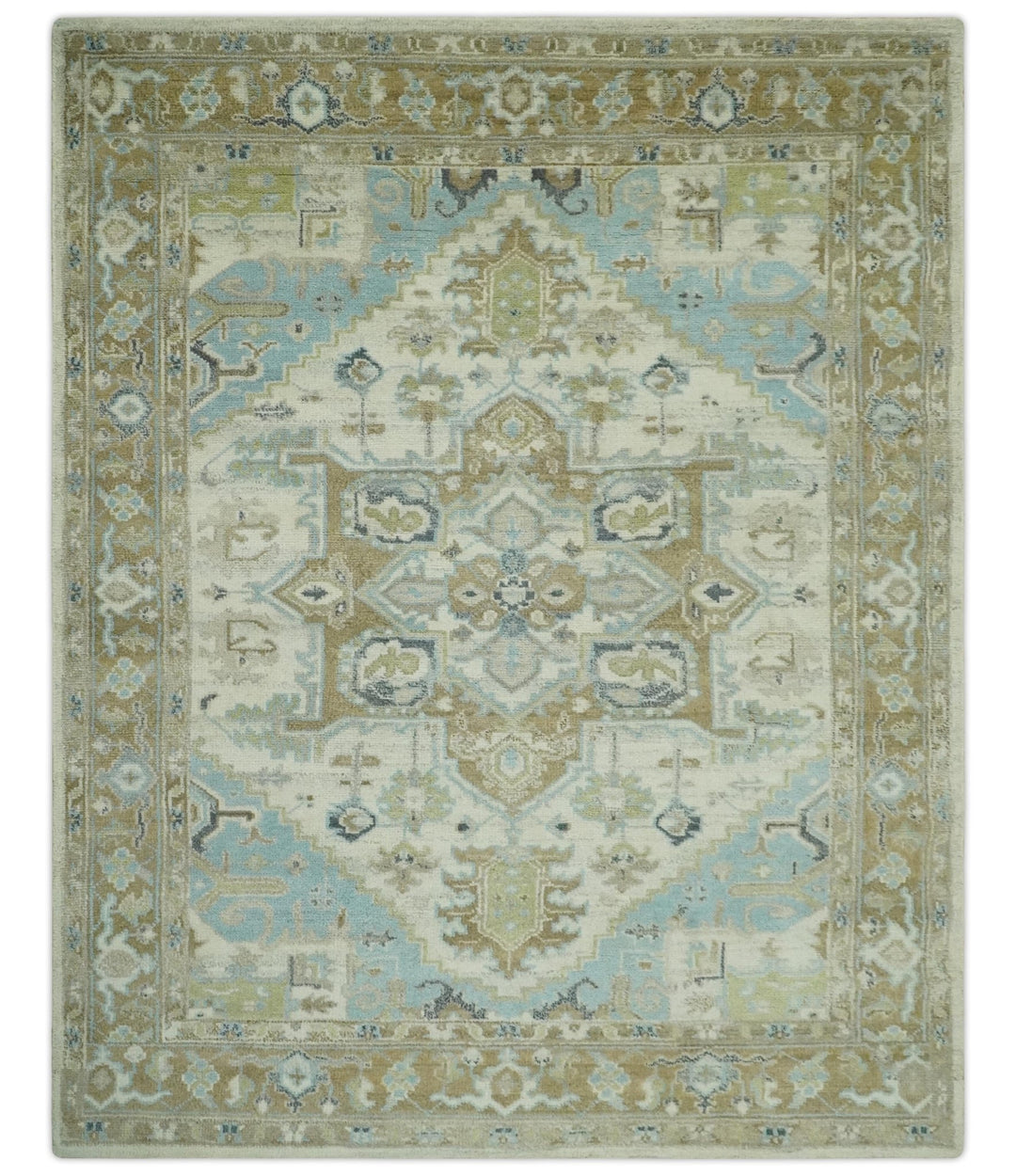 Custom Made Hand Knotted Ivory, Olive and Light Blue Traditional Wool Area Rug - The Rug Decor