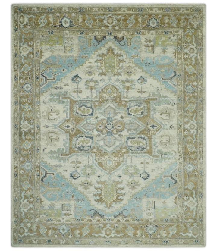 Custom Made Hand Knotted Ivory, Olive and Light Blue Traditional Wool Area Rug - The Rug Decor