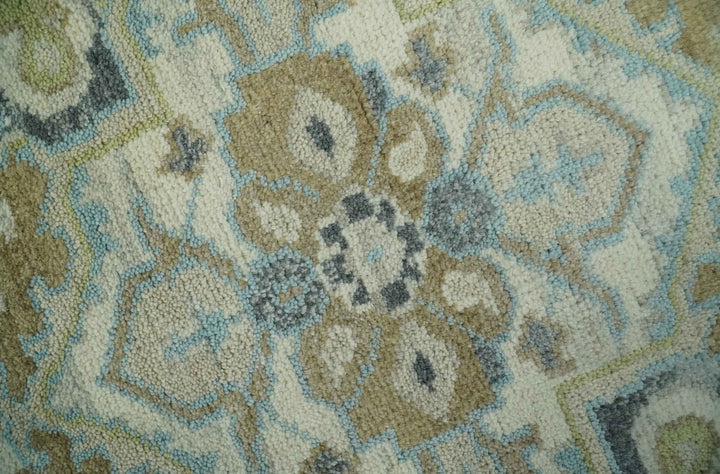 Custom Made Hand Knotted Ivory, Olive and Light Blue Traditional Wool Area Rug - The Rug Decor