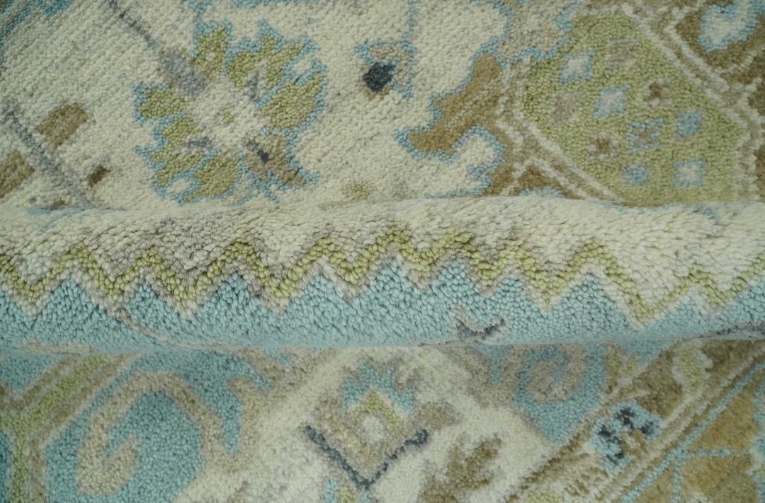 Custom Made Hand Knotted Ivory, Olive and Light Blue Traditional Wool Area Rug - The Rug Decor