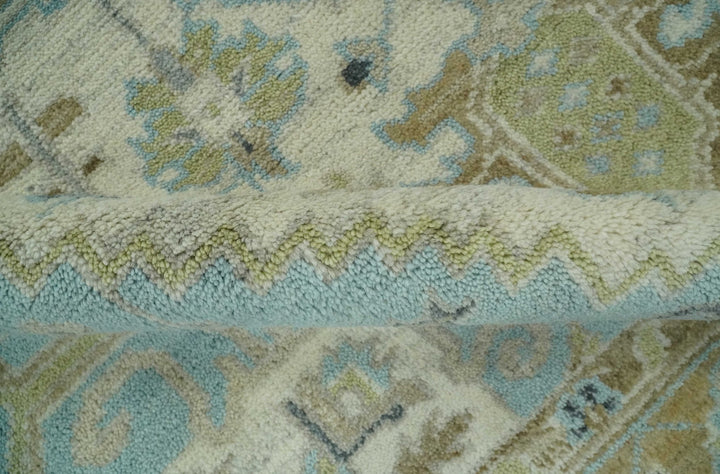 Custom Made Hand Knotted Ivory, Olive and Light Blue Traditional Wool Area Rug - The Rug Decor