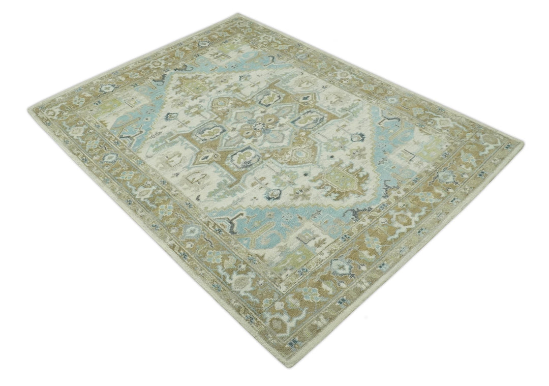Custom Made Hand Knotted Ivory, Olive and Light Blue Traditional Wool Area Rug - The Rug Decor