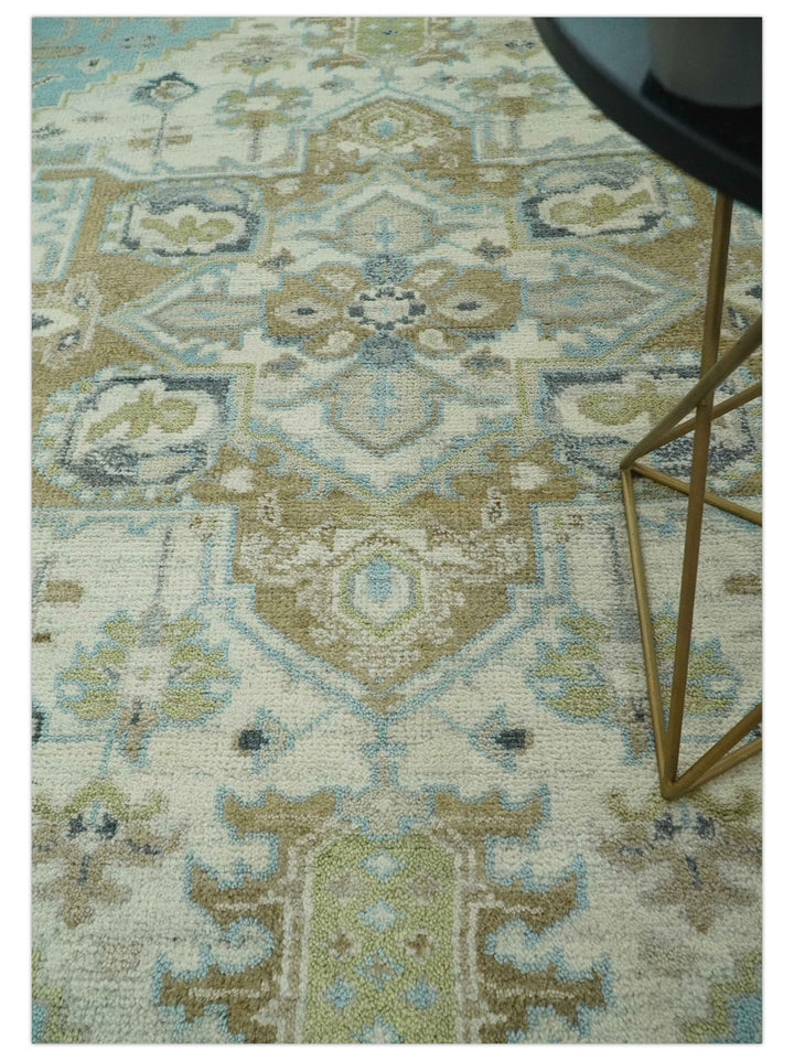 Custom Made Hand Knotted Ivory, Olive and Light Blue Traditional Wool Area Rug - The Rug Decor