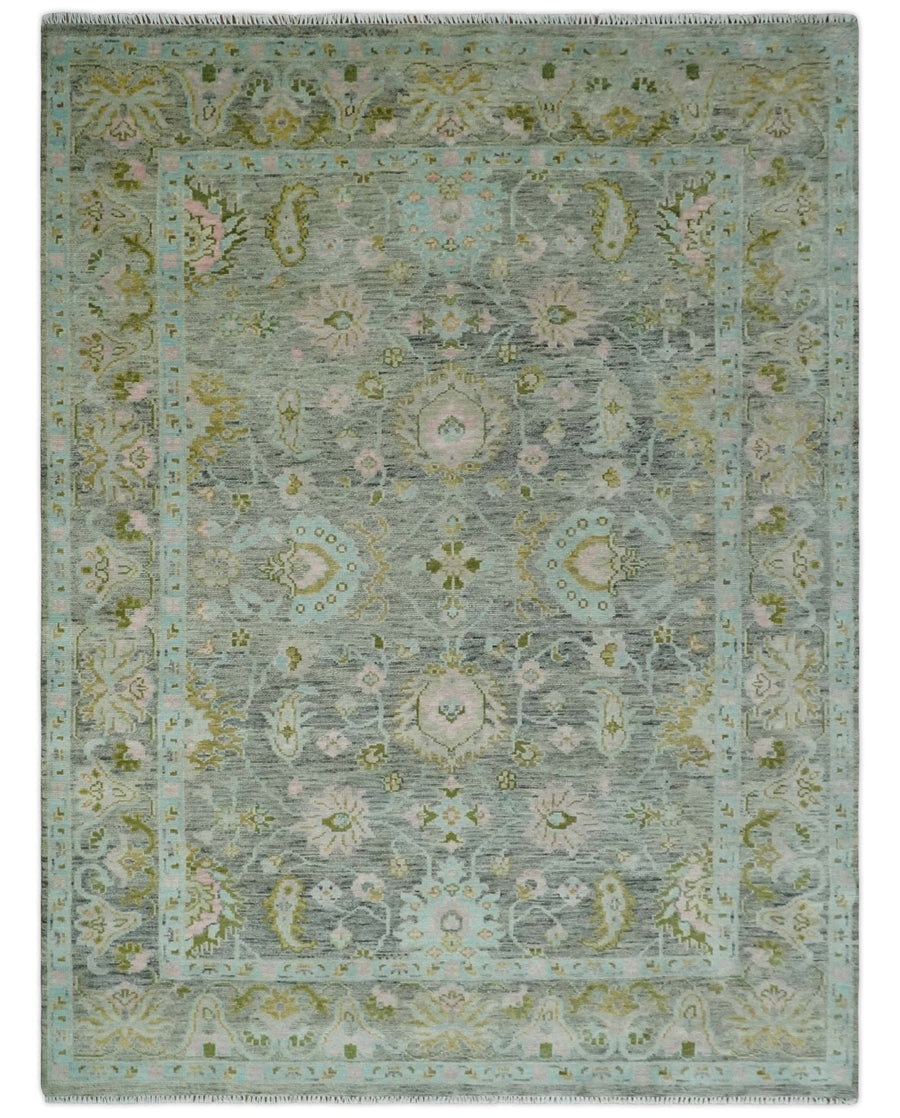 Custom Made Hand Knotted Moss Green Gray and Green Oriental Oushak Multi Size Traditional Wool Area Rug - The Rug Decor