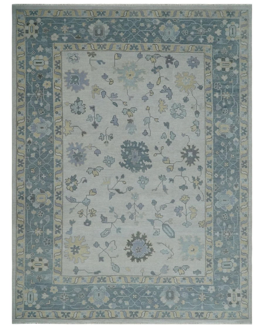 Custom Made Hand Knotted Silver, Blue and Beige Traditional Oushak Wool Area Rug - The Rug Decor