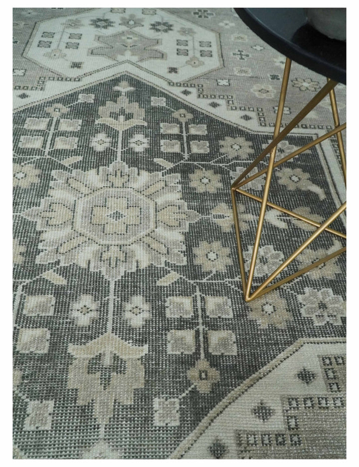 Custom Made Hand Knotted Silver, Charcoal and Ivory Traditional Medallion Wool Area Rug - The Rug Decor
