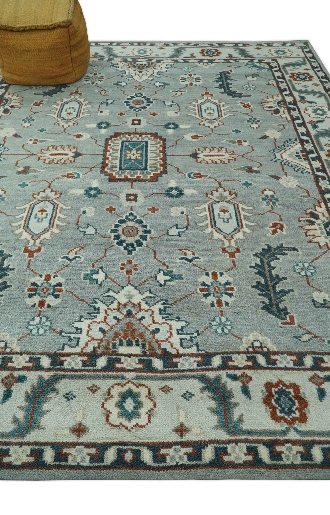 Custom Made Hand Knotted Silver, Teal, Ivory and Brown Traditional Oriental Oushak wool area Rug - The Rug Decor
