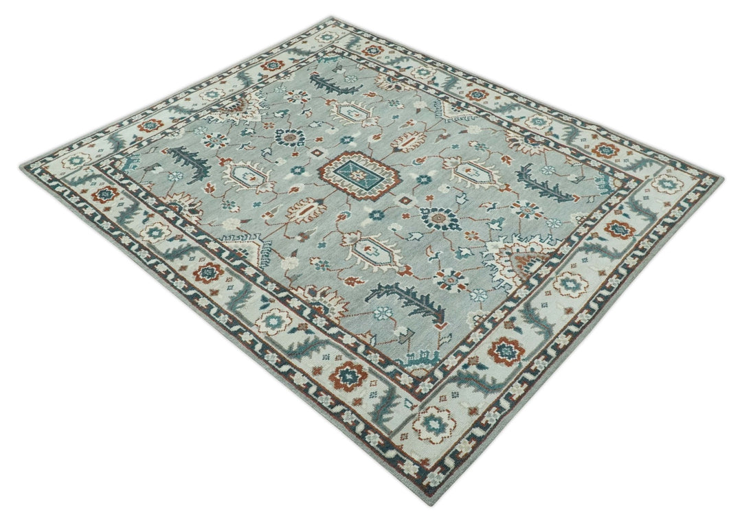 Custom Made Hand Knotted Silver, Teal, Ivory and Brown Traditional Oriental Oushak wool area Rug - The Rug Decor