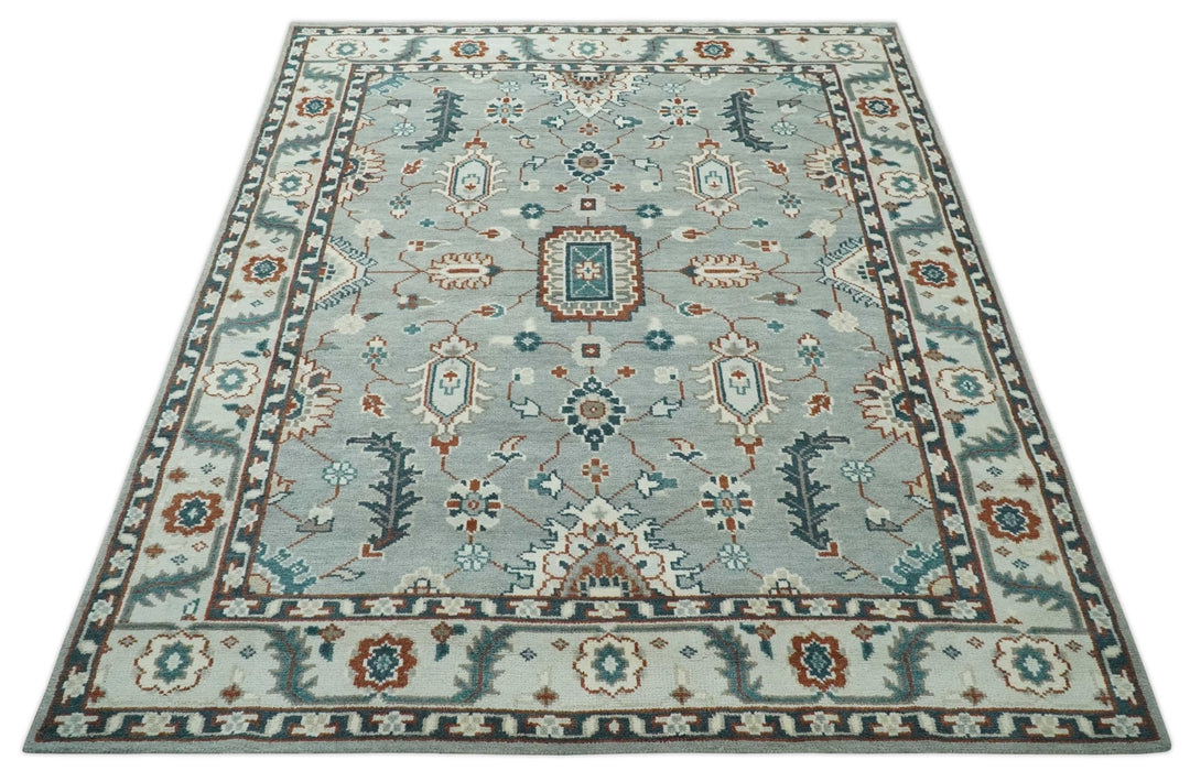 Custom Made Hand Knotted Silver, Teal, Ivory and Brown Traditional Oriental Oushak wool area Rug - The Rug Decor