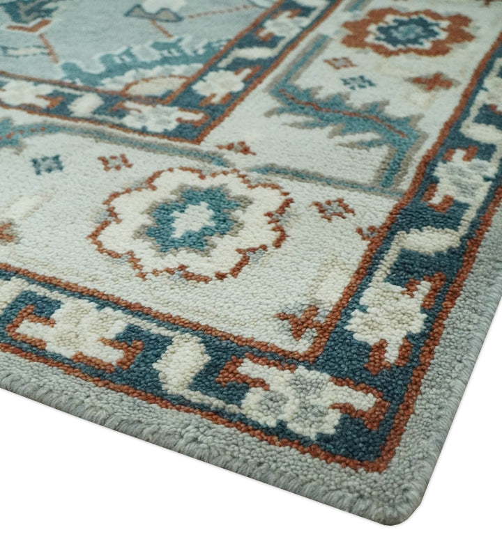 Custom Made Hand Knotted Silver, Teal, Ivory and Brown Traditional Oriental Oushak wool area Rug - The Rug Decor