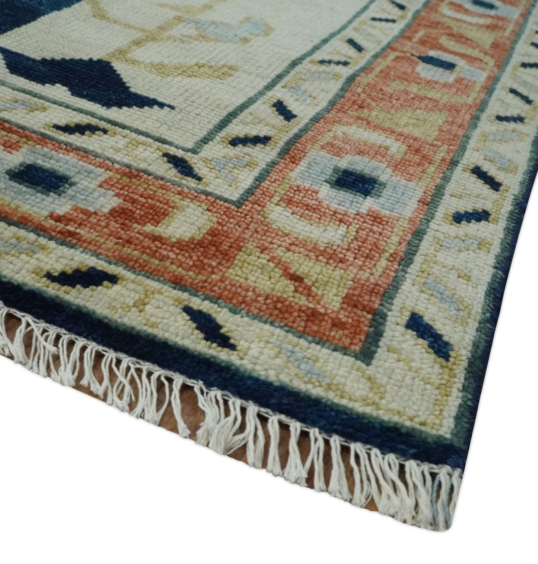 Custom Made Ivory, Blue, Beige and Rust Hand Knotted Traditional Heriz Wool Area Rug - The Rug Decor