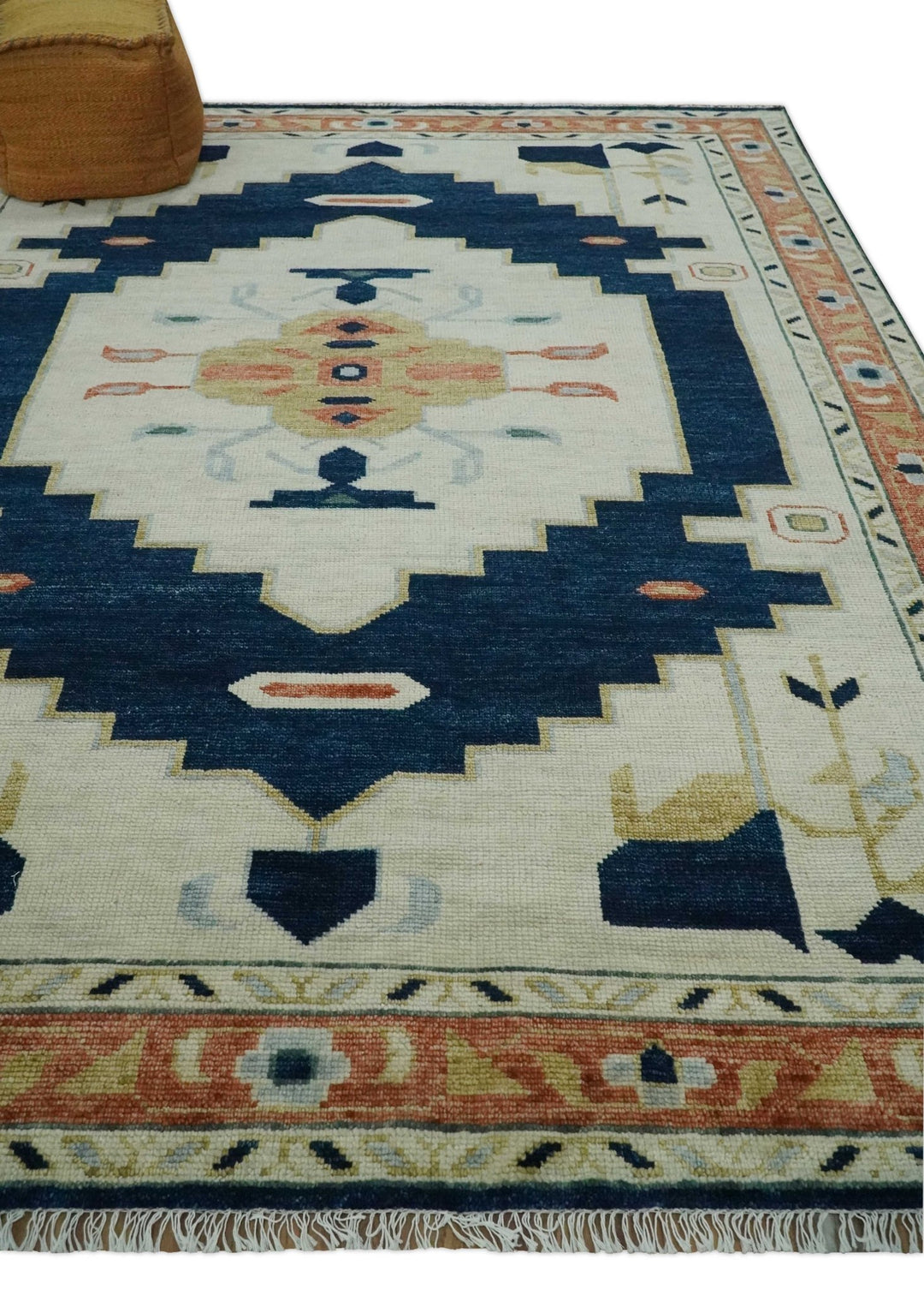 Custom Made Ivory, Blue, Beige and Rust Hand Knotted Traditional Heriz Wool Area Rug - The Rug Decor