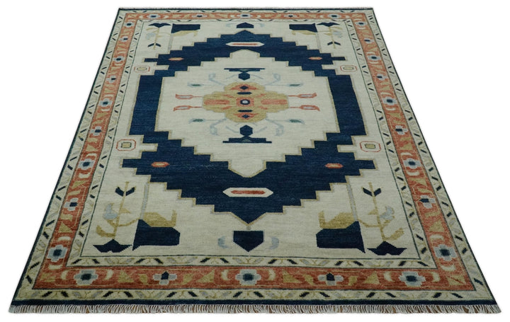 Custom Made Ivory, Blue, Beige and Rust Hand Knotted Traditional Heriz Wool Area Rug - The Rug Decor