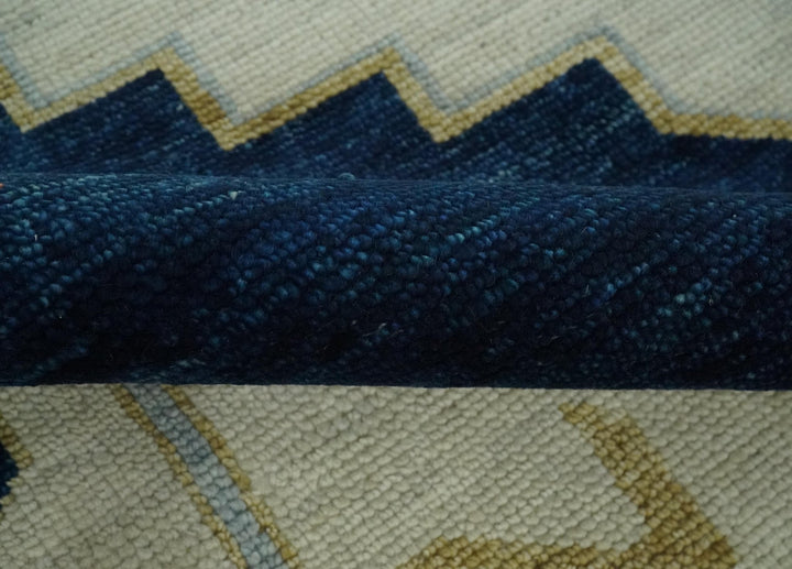 Custom Made Ivory, Blue, Beige and Rust Hand Knotted Traditional Heriz Wool Area Rug - The Rug Decor