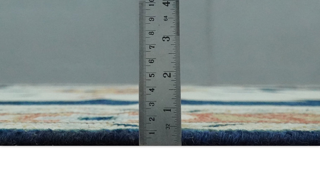 Custom Made Ivory, Blue, Beige and Rust Hand Knotted Traditional Heriz Wool Area Rug - The Rug Decor