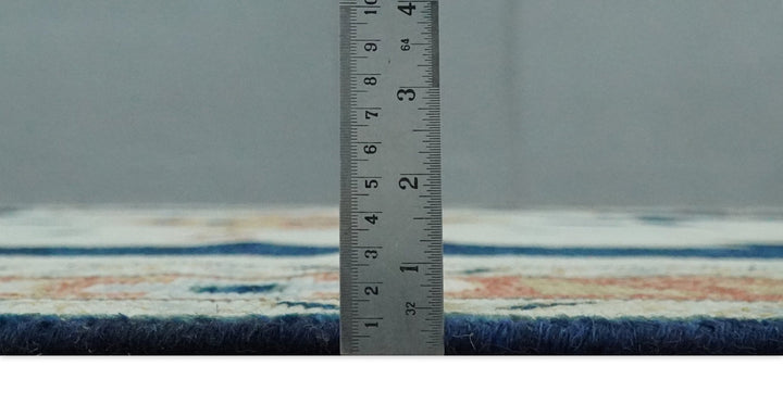 Custom Made Ivory, Blue, Beige and Rust Hand Knotted Traditional Heriz Wool Area Rug - The Rug Decor