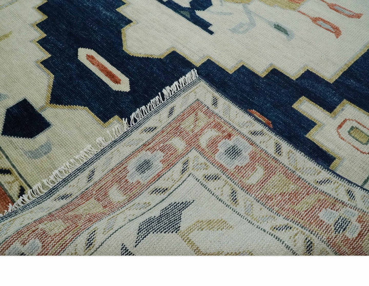 Custom Made Ivory, Blue, Beige and Rust Hand Knotted Traditional Heriz Wool Area Rug - The Rug Decor