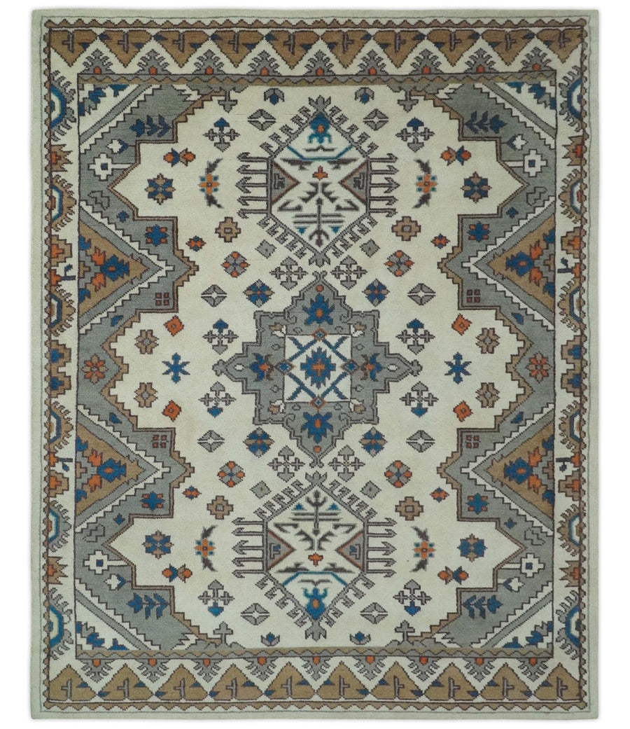 Custom Made Ivory, Gray and Camel Traditional Hand knotted Wool Area Rug - The Rug Decor
