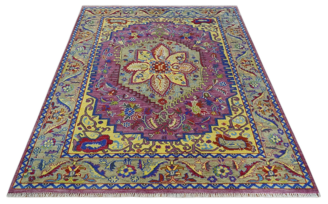 Custom Made Light Green and Purple Medallion Traditional Hand Knotted Wool Area Rug - The Rug Decor