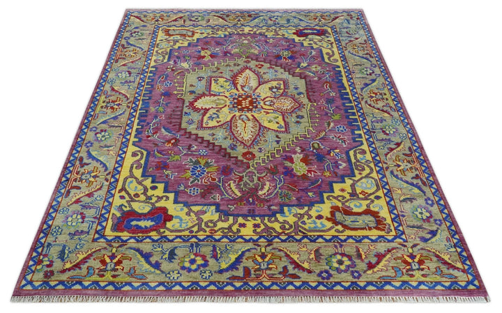 Custom Made Light Green and Purple Medallion Traditional Hand Knotted Wool Area Rug - The Rug Decor