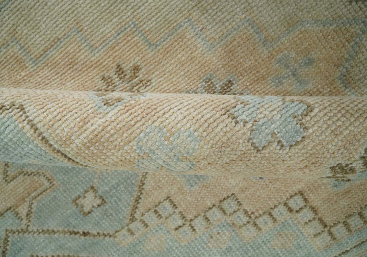 Custom Made Low Pile Hand Knotted Peach and Blue Traditional Design Wool Area Rug - The Rug Decor
