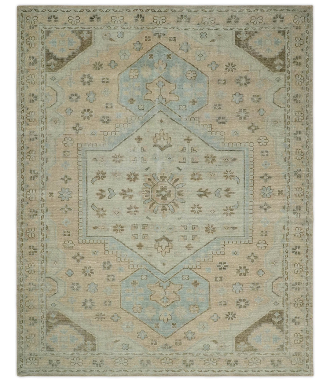 Custom Made Low Pile Hand Knotted Peach and Blue Traditional Design Wool Area Rug - The Rug Decor